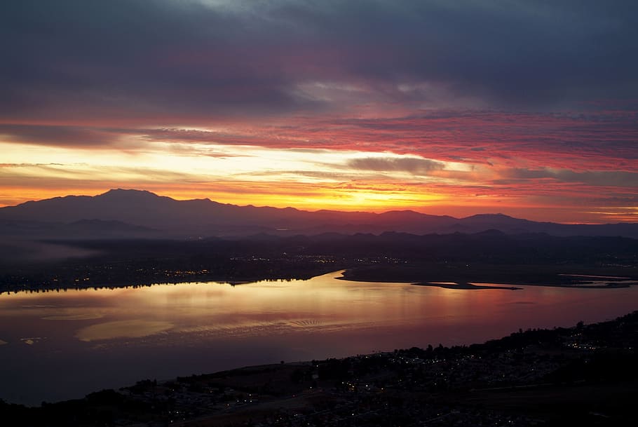 sunrise, sunset, lake, reflection, nature, water, mountains HD wallpaper