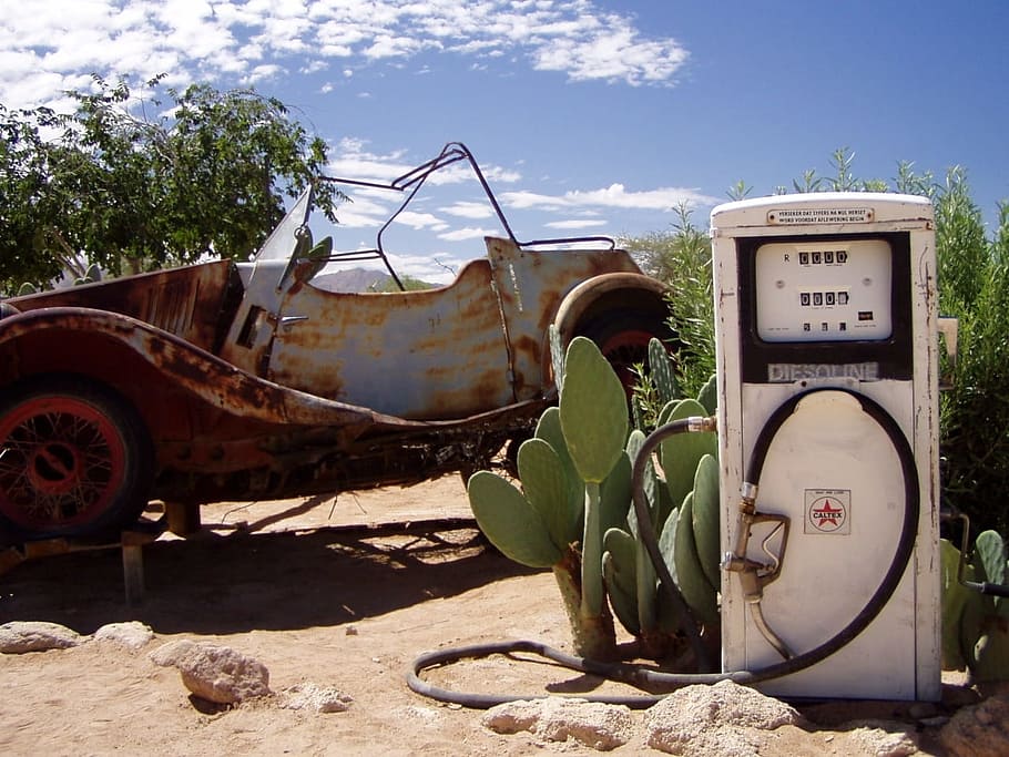 white and black gas pump beside the green cactus, thirsty, leave HD wallpaper