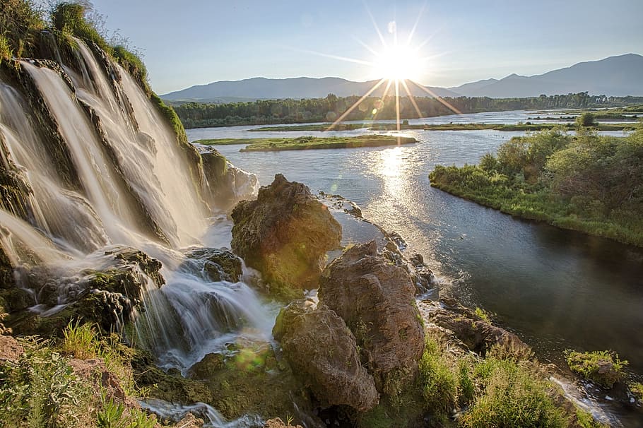 waterfalls near a lake, snake river, nature, rocks, outdoors HD wallpaper