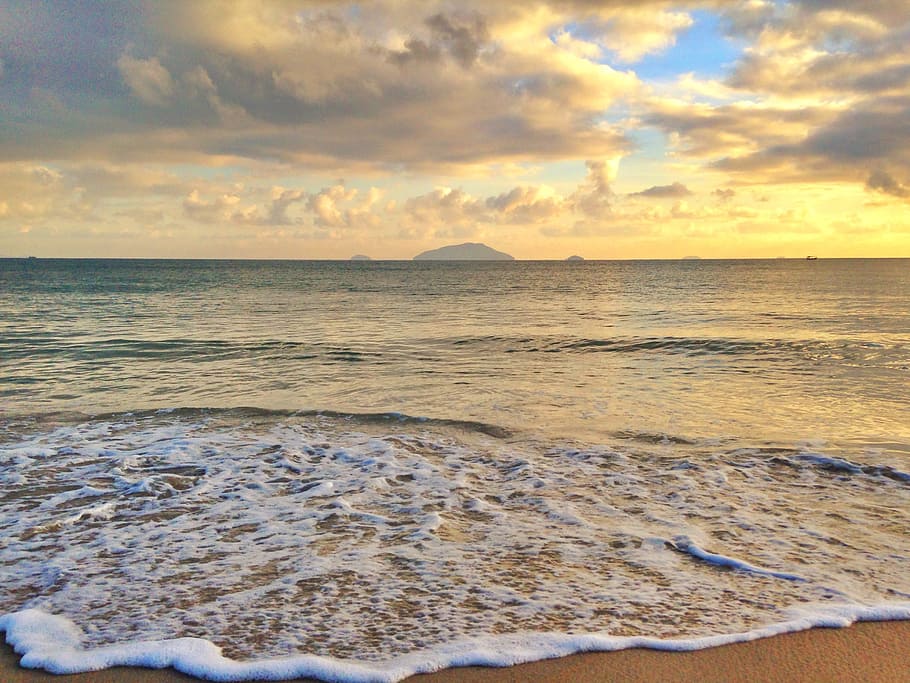 Beach, Shore, Wave, Foam, Water, Morning, sunrise, sea, summer HD wallpaper