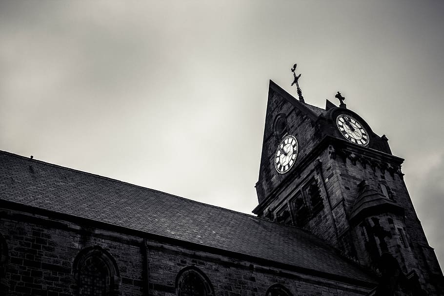 time, stone, church, tower, black, white, gray, old, building HD wallpaper
