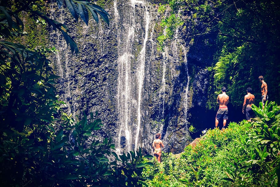 Group of People At A Waterfall, cascade, environment, friends HD wallpaper