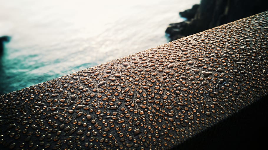 Guardrail, Dew, Macro, water, beach, sea, outdoors, pebble HD wallpaper