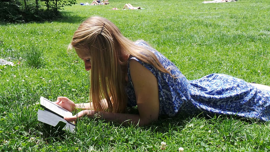 woman in blue floral sleeveless dress lying on grass, read, e reader, HD wallpaper