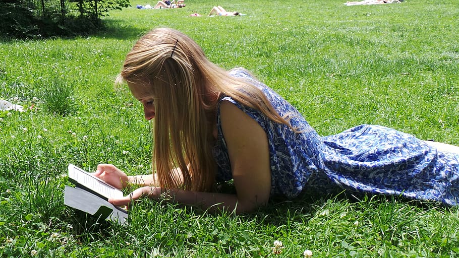 woman in blue floral sleeveless dress lying on grass, read HD wallpaper