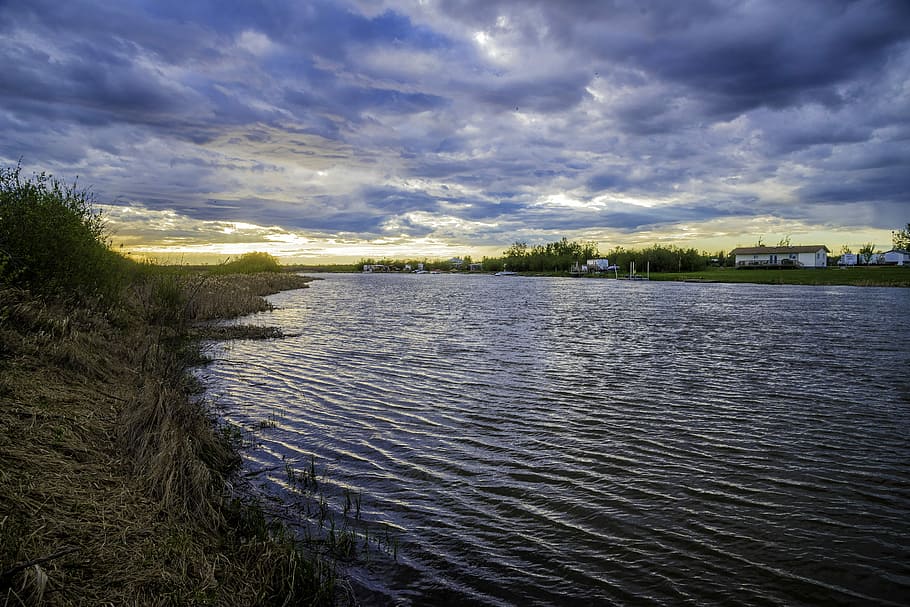 Sunset on the river under the clouds, dusk, featured, landscape HD wallpaper
