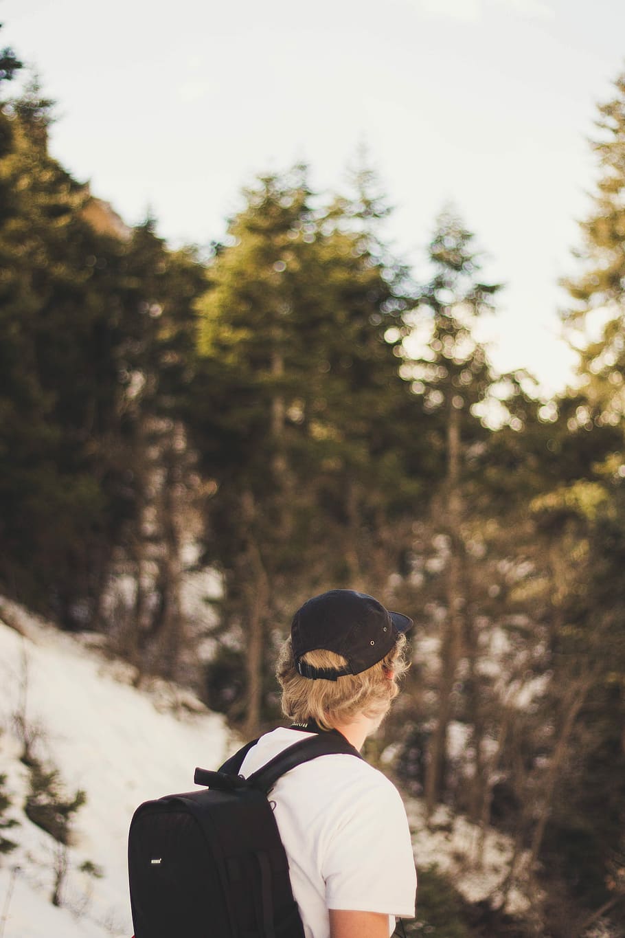 man in white shirt with black backpack, focus photo of man standing carrying black backpack near trees HD wallpaper
