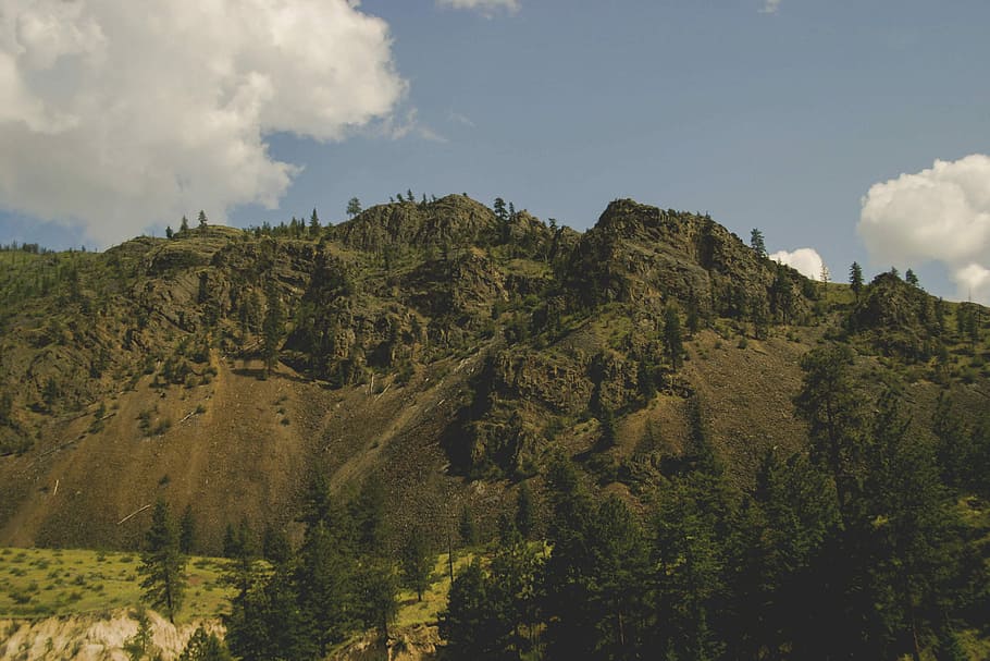 landscape photography of mountain with trees, green mountain under blue sky and white clouds HD wallpaper