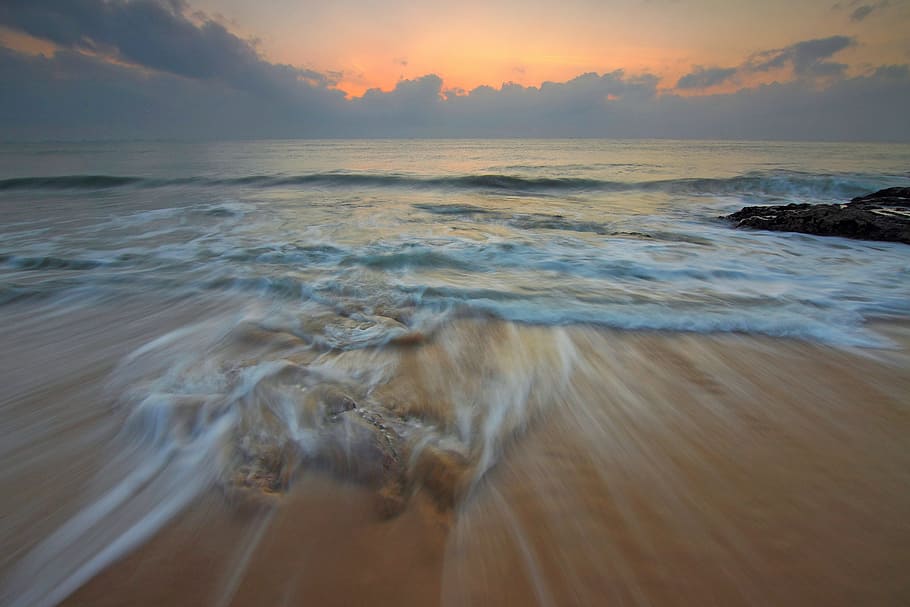 sea, dawn, landscape, nature, backlit, beach, clouds, dusk, evening HD wallpaper
