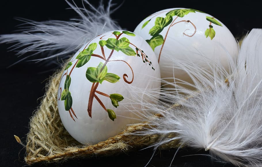 two white-and-green easter eggs on brown wicker basket, celebration HD wallpaper