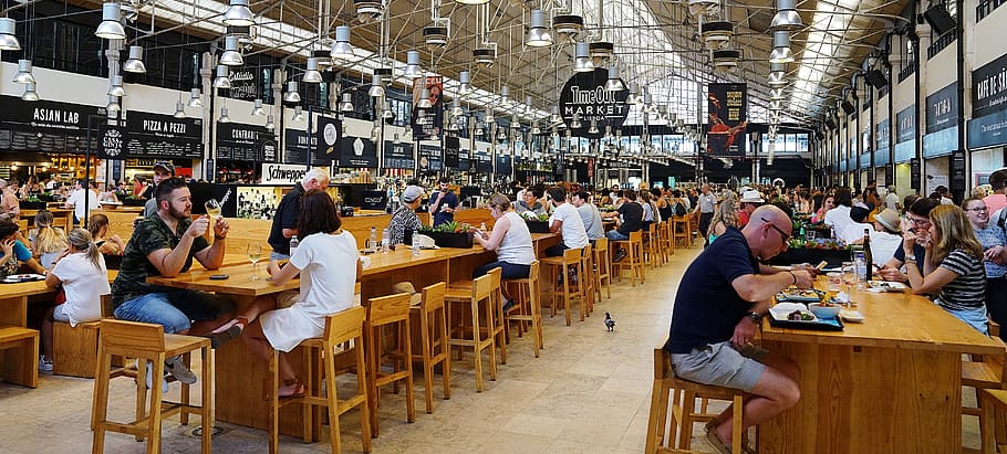 people sitting on brown wooden tables inside gray building, lisbon, HD wallpaper