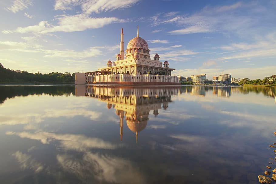 white mosque under blue sky as background, building, lake, reflection HD wallpaper