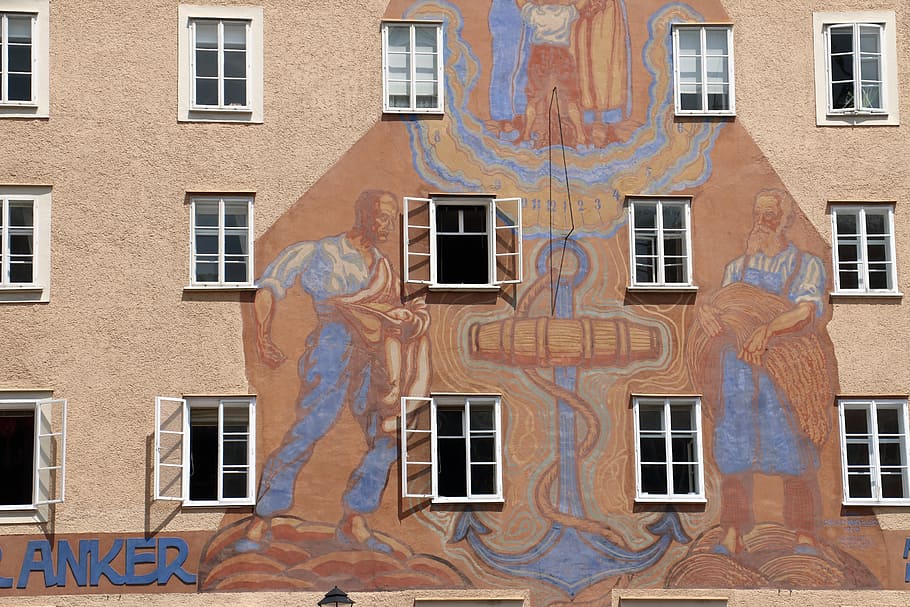 wall, window, facade, anchor, men, letters, salzburg, austria HD wallpaper