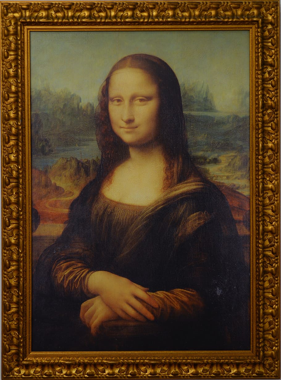 Mona Lisa painting with brown wooden frame, copy, portrait, picture frame
