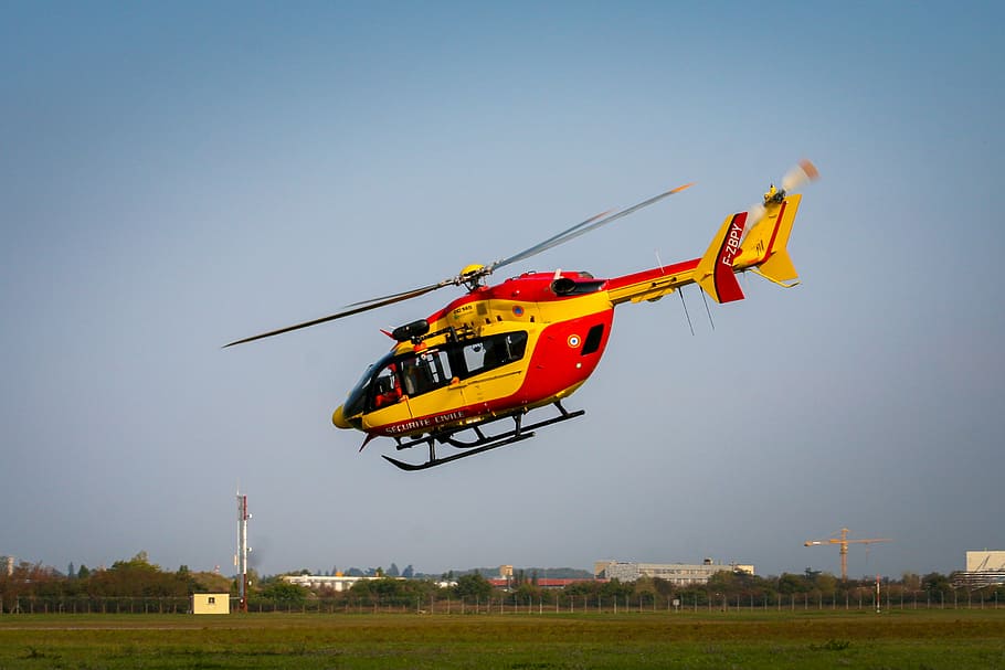 yellow and red helicopter on the sky, red and yellow helicopter flying on air, HD wallpaper