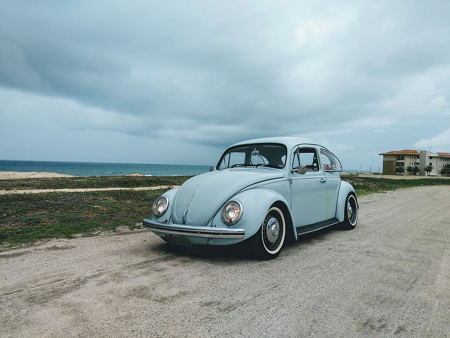 Vw beetle, teal Volkswagen Beetle on road during daytime, car