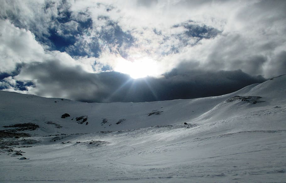 Mountains, Landscape, Winter, Sun, Snow, clouds, heaven, sky HD wallpaper
