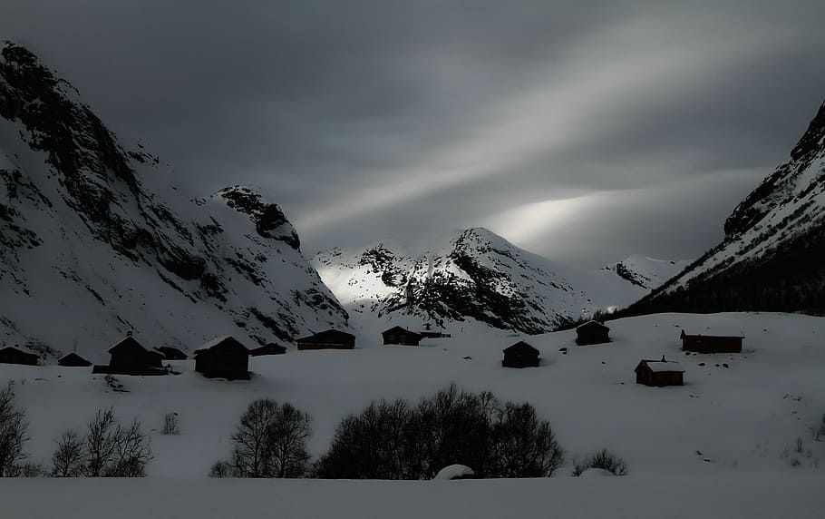 snow-capped mountain at blue hour, house, clouds, sky, travel HD wallpaper