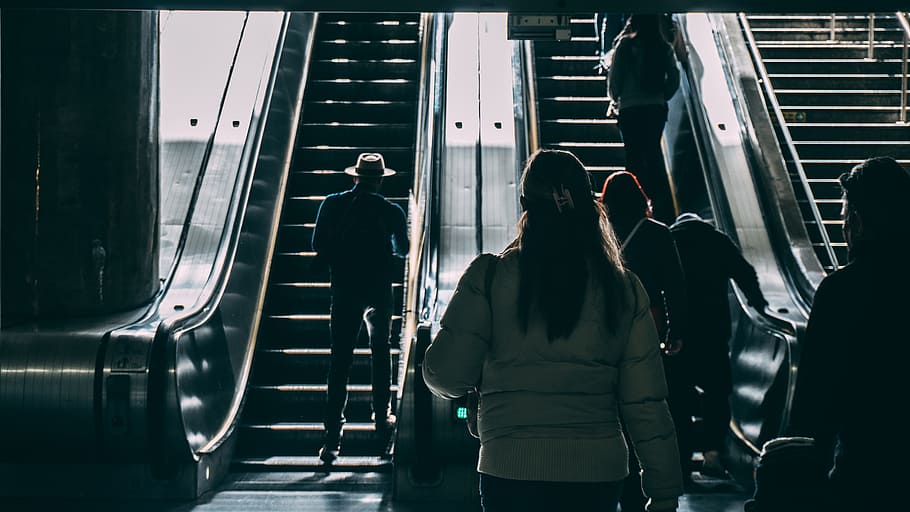 people walking towards escalator, real people, transportation HD wallpaper