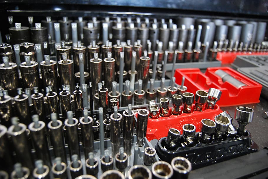 photography of silver socket wrench kit, toolbox, repair, automotive