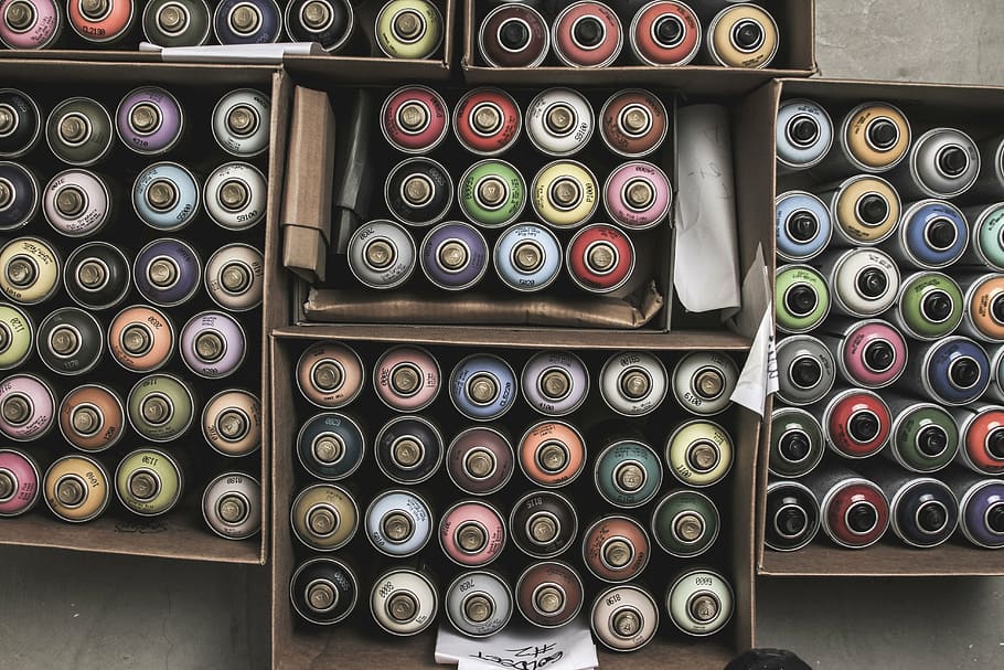 assorted-color spray paint cans in box, graffiti, montana, colors, HD wallpaper