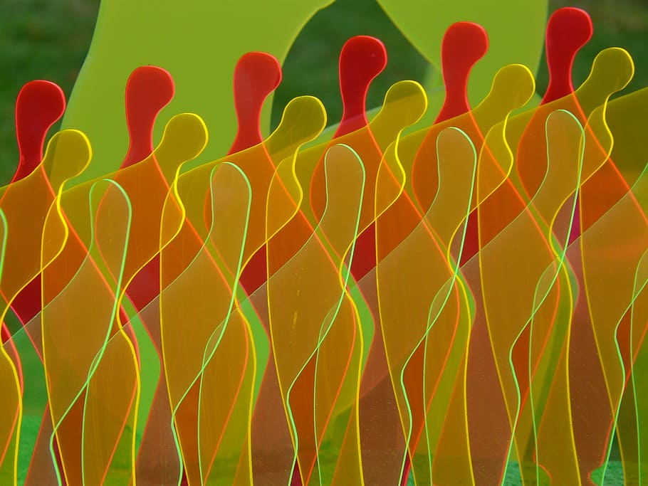 yellow and red plastic decors, fluorescent, crowd, human, personal HD wallpaper