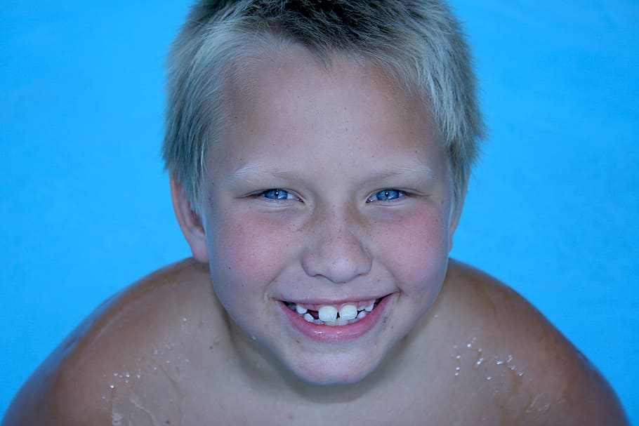 Boy, Child, Laughing, happy, kid, swimming, pool, blond, blue eyes