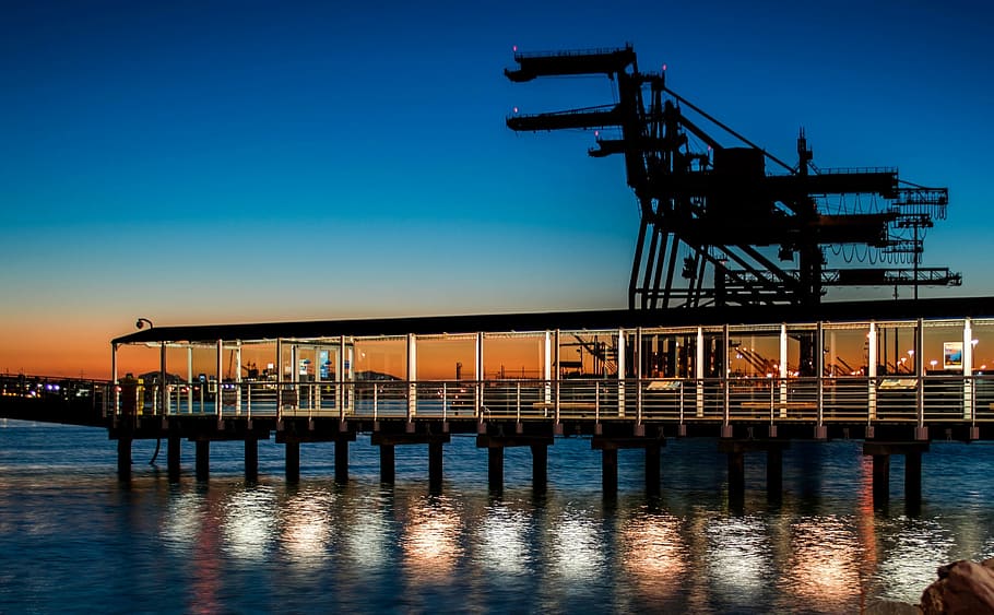 pier, dock, ferry, water, dusk, sky, lights, reflection, night HD wallpaper