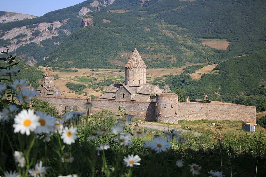 gray bricked building with wall, armenia, tatev, monastery, plant