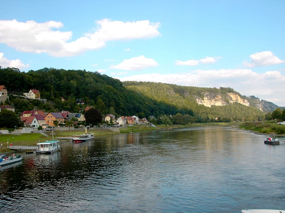 elbe, river, ship, piers, city wehlen, saxon switzerland, elbe sandstone mountains HD wallpaper