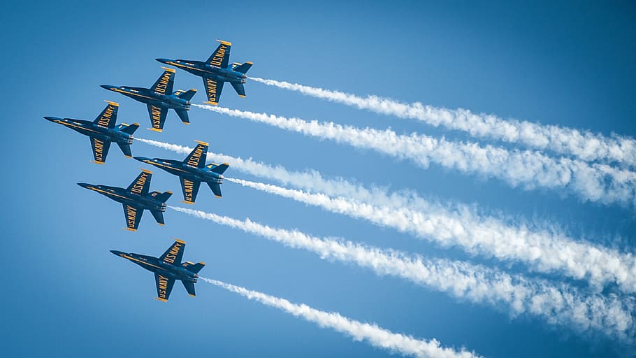 low angle photography of six jet planes in flight, blue angels