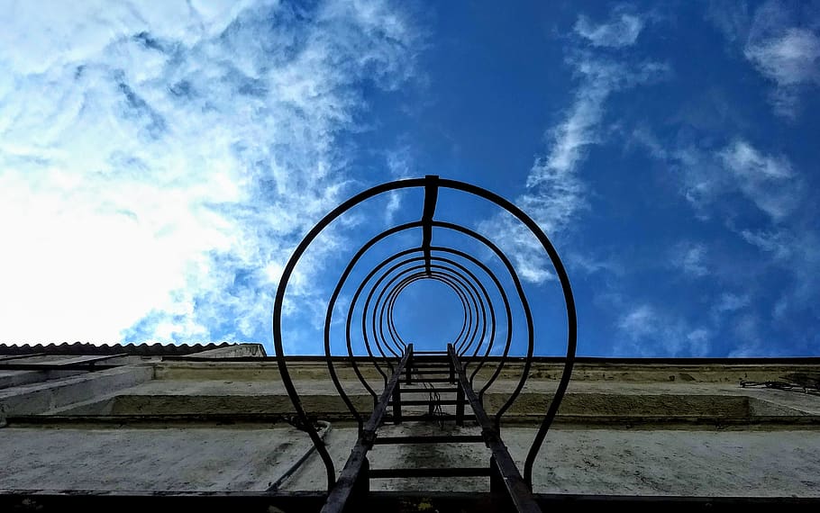sky, ladder, warehouse, blue, clouds, space, looking up, upward HD wallpaper