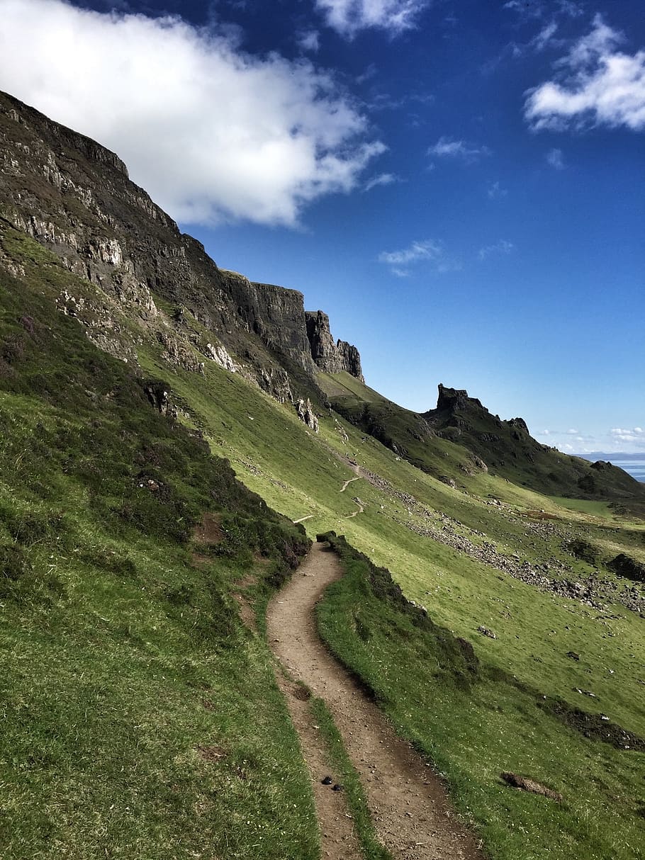 blue, sky, cloud, rock, green, grass, nature, landscape, highland HD wallpaper