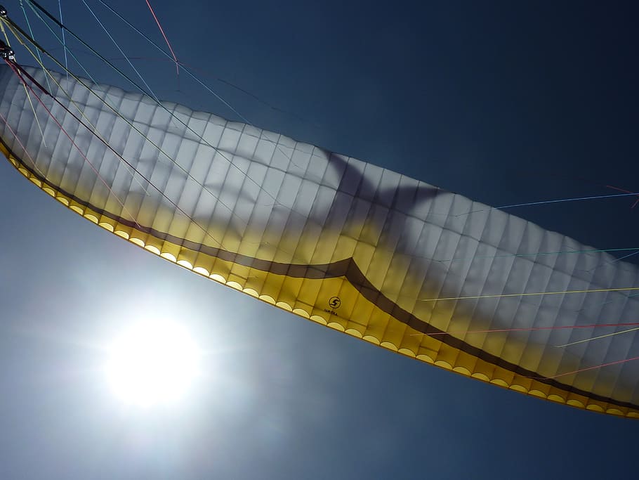 paragliding, sky, sun, screen, canvas, team 5, blue, low angle view HD wallpaper