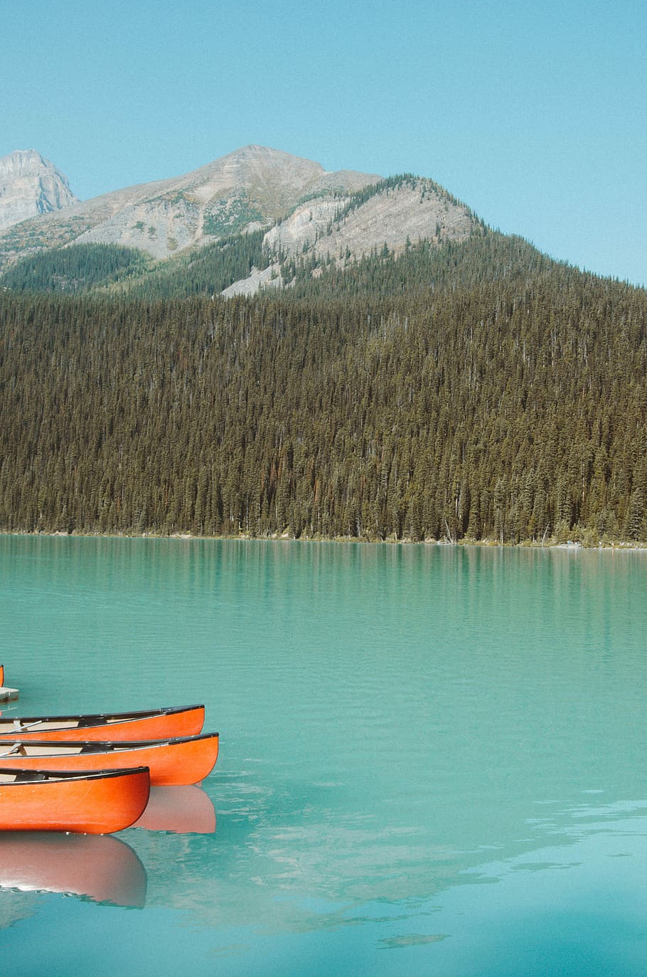 mountain and body of water, canoe on body of water, lake, forest HD wallpaper