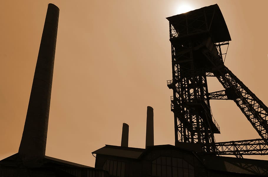 silhouette photography of tower, industry, coal mining, extraction HD wallpaper