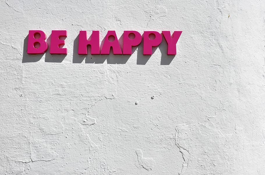 red be happy wall decor, Be happy letter cutout mounted on white wall