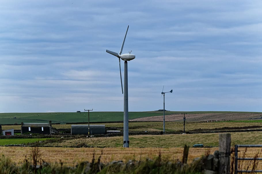 landscape, countryside, wind turbine, energy, green, sky, clouds, HD wallpaper