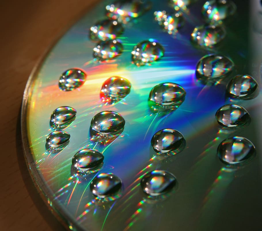 disc, cd, dvd, drops, reflection, rainbow colors, optical, compact