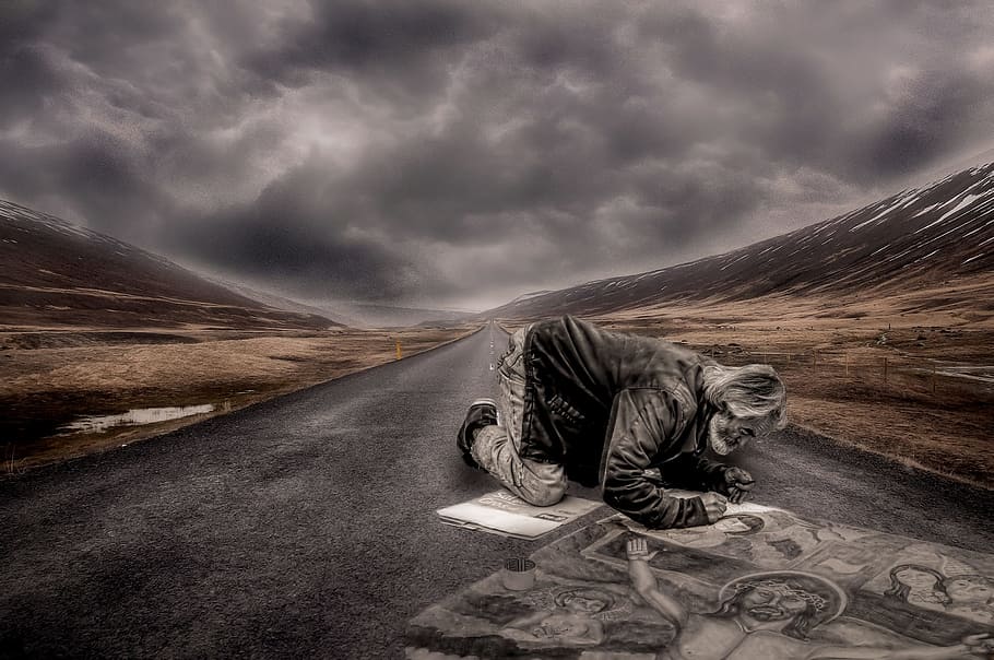 man kneeling on road artwork, artists, painter, painting, human HD wallpaper