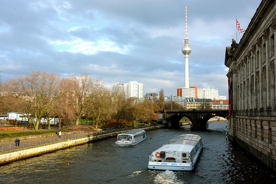 berlin, television tower, spree, architecture, water, built structure, HD wallpaper