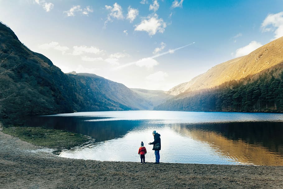 glendalough, ireland, two person standing near water, landscape, HD wallpaper