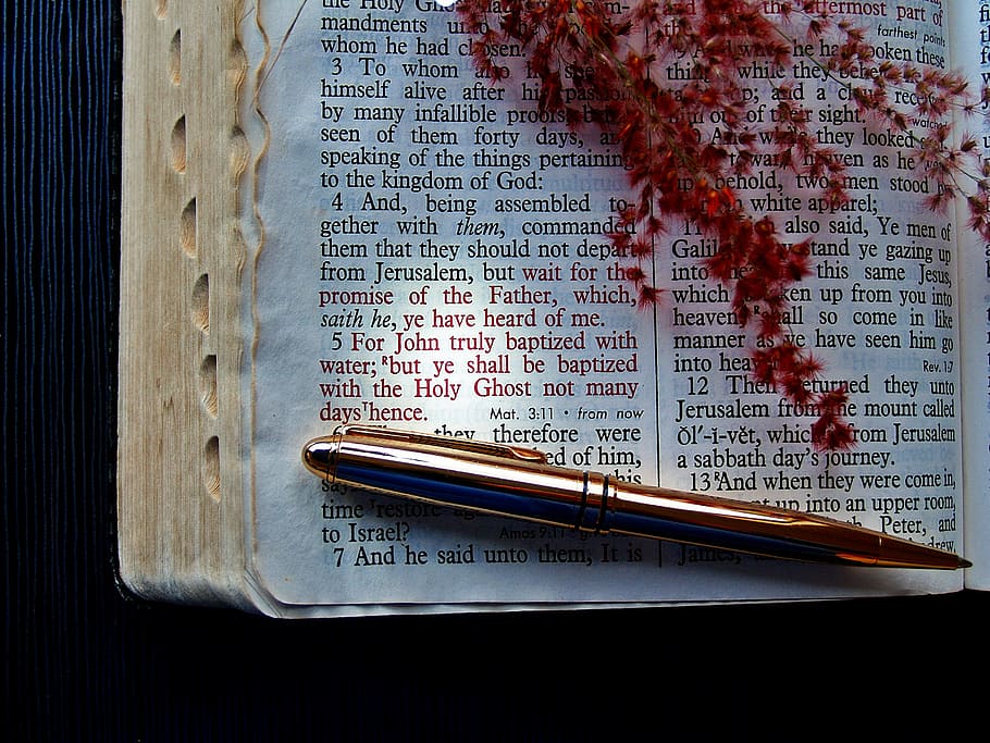 white Bible page, verse, god, pen, holy ghost, holy spirit, text, HD wallpaper