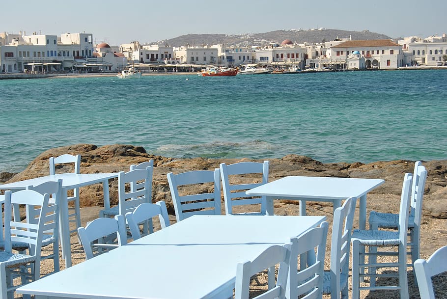 Mykonos, Cyclades, Greece, Sea, Bay, Bar, costa, shore, tables, HD wallpaper