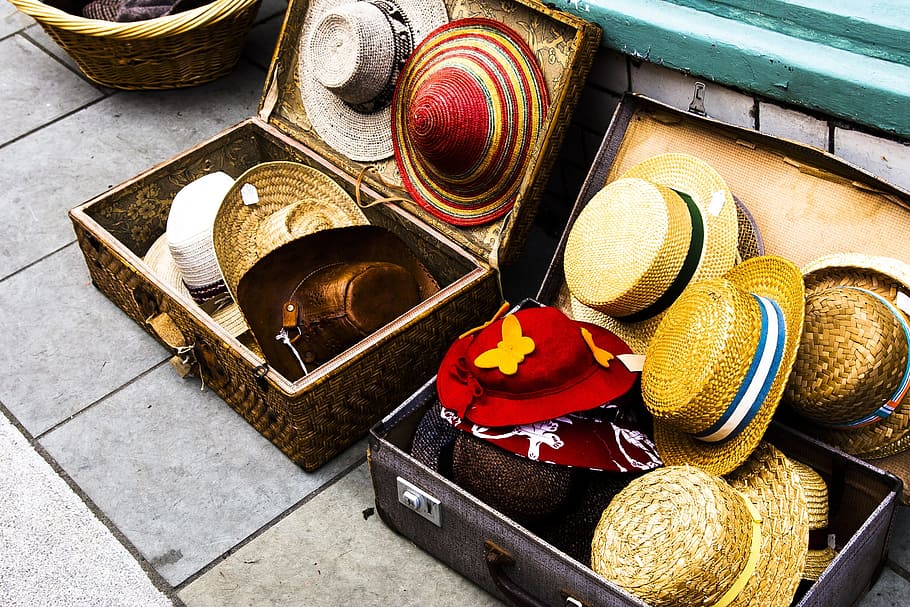 assorted colors of knit hats, display, suitcase, merchandise HD wallpaper