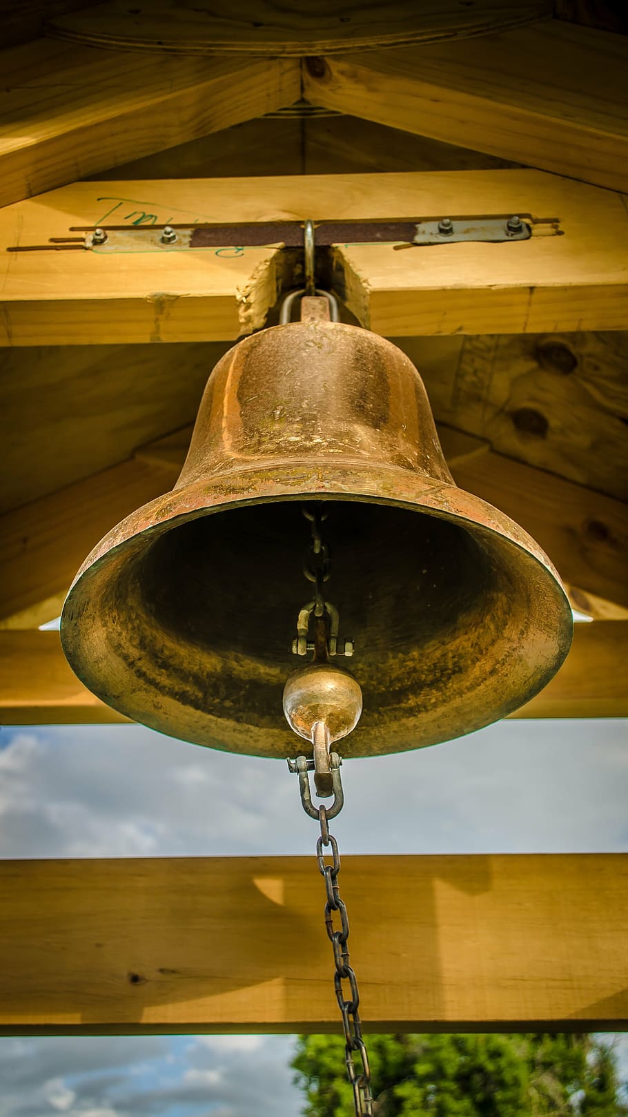 low-angle photography of gold-colored bell, campaign, bell tower HD wallpaper