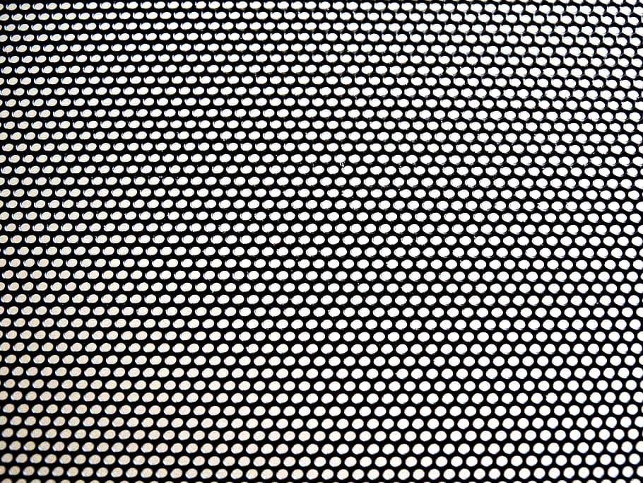 close-up photo of mesh screen, perforated sheet, pattern, black and white HD wallpaper