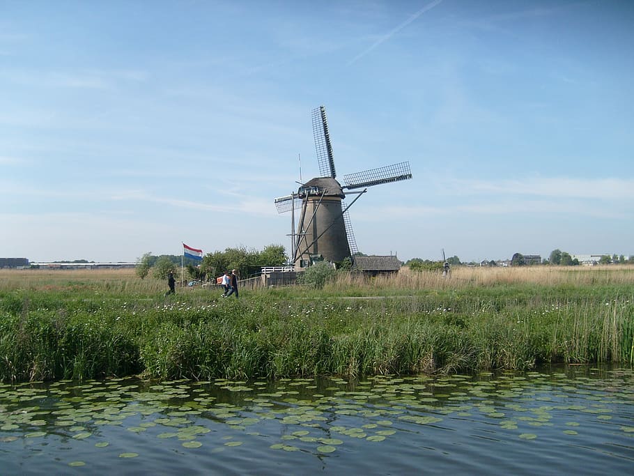 windmill, holland, kinderdijk, water, sky, fuel and power generation HD wallpaper