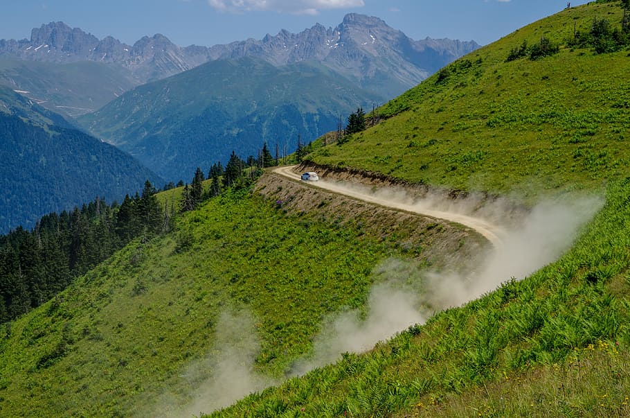 car, smoke, road, green, mountains, forest, taylor, blue, scenics - nature HD wallpaper