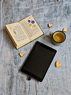 black iPad near book and cup of coffee, tablet, mug, drink HD wallpaper